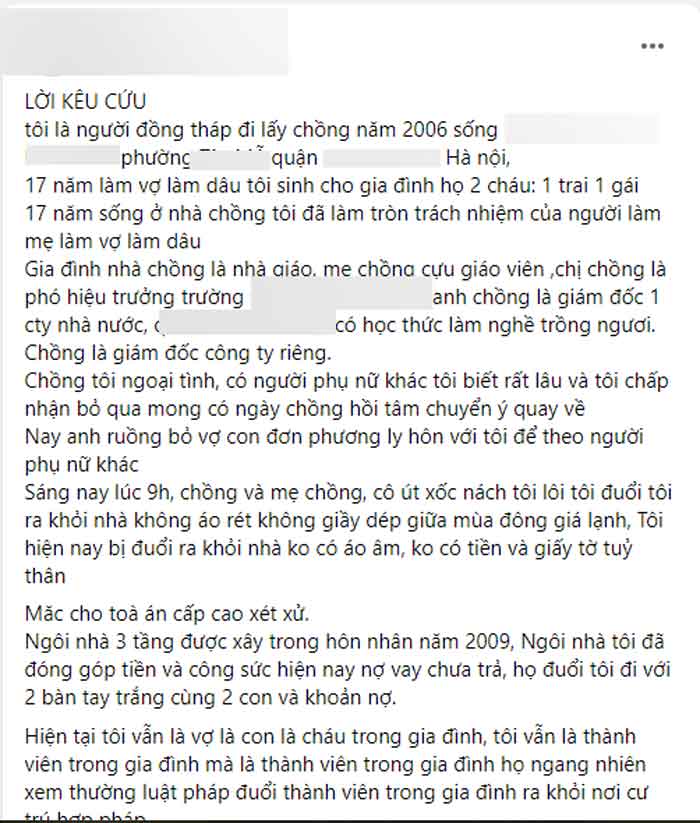 Lời kêu cứu của chị vợ trên trang Facebook các nhân